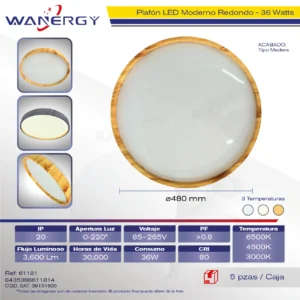 PLAFON LED TECHO MODERNO REDONDO TIPO MADERA TRES TEMPERATURAS 36W :