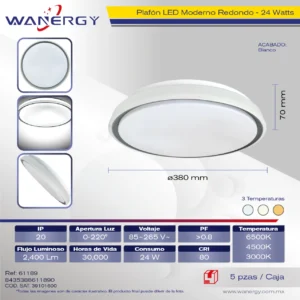 PLAFON LED TECHO MODERNO REDONDO TRES TEMPERATURAS 24W +PVC