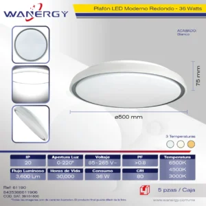 PLAFON LED TECHO MODERNO REDONDO TRES TEMPERATURAS 36W +PVC