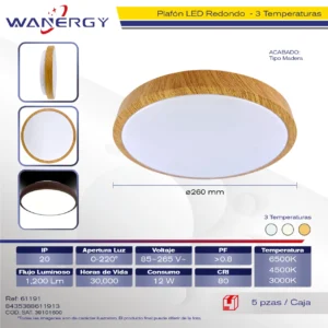 PLAFON LED TECHO MODERNO REDONDO ACABADO MADERA TRES TEMPERATURAS 12W +PVC