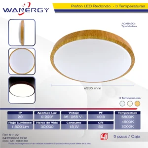 PLAFON LED TECHO MODERNO REDONDO ACABADO MADERA TRES TEMPERATURAS 18W +PVC