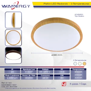 PLAFON LED TECHO MODERNO REDONDO ACABADO MADERA TRES TEMPERATURAS 24W +PVC