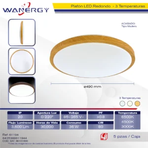 PLAFON LED TECHO MODERNO REDONDO ACABADO MADERA TRES TEMPERATURAS 36W +PVC