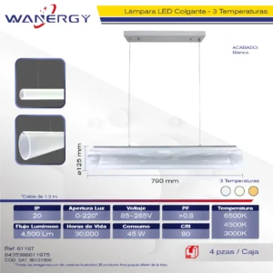LAMPARA COLGANTE DE TUBO CILINDRICO RECTILINEO ESTILO NORDICO MINIMALISTA ,TRES TEMPERATURAS 45W +
