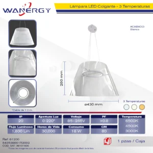 LAMPARA COLGANTE MINIMALISTA DE LUJO DISCRETO ,TRES TEMPERATURAS 18W +