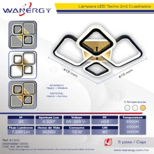 PLAFON LED DE TECHO MODERNO 4 RECTANGULOS TRES TEMPERATURAS ACABADO MADERA + + +