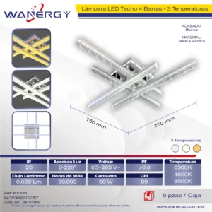 PLAFON LED TECHO 4 BARRAS METAL TRES TEMPERATURAS 60W BLANCO + +