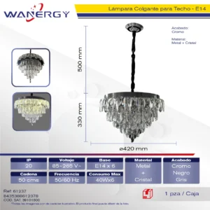 CANDELABRO ELEGANTE DE CRISTAL PARA TECHO CROMO LED TRES TEMPERATURAS