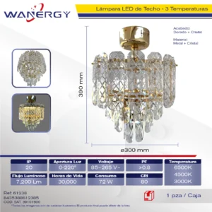 CANDELABRO ELEGANTE DE CRISTAL PARA TECHO CROMO LED TRES TEMPERATURAS