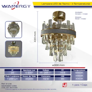 CANDELABRO ELEGANTE DE CRISTAL PARA TECHO ORO GALVANIZADO LED TRES TEMPERATURAS