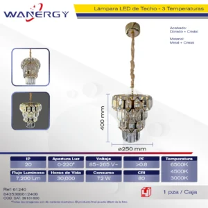 CANDELABRO ELEGANTE DE CRISTAL PARA TECHO ORO GALVANIZADO LED TRES TEMPERATURAS