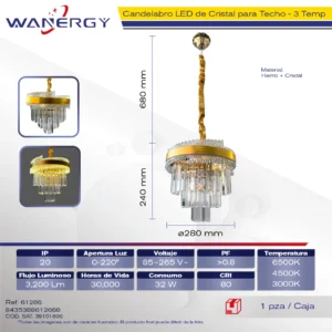 CANDELABRO ELEGANTE DE CRISTAL PARA TECHO DORADO LED TRES TEMPERATURAS + +