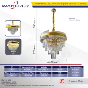 CANDELABRO ELEGANTE DE CRISTAL PARA TECHO DORADO LED TRES TEMPERATURAS + +