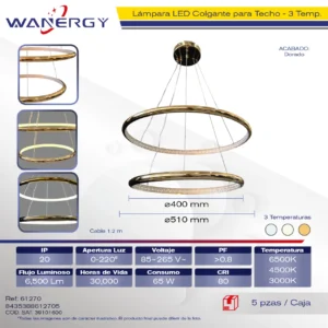 LAMPARA COLGANTE MODERNA DE TECHO 2 AROS LED TRES TEMPERATURAS +