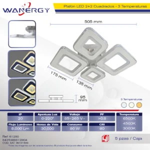 LAMPARA LED DE TECHO MODERNO 4 RECTANGULOS TRES TEMPERATURAS BLANCO +