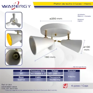LAMPARA DE TECHO CON 3 LUCES DIRIGIBLE METALICO BLANCO