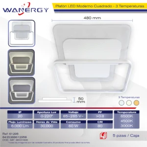 PLAFON LED TECHO MODERNO CUADRADO TRES TEMPERATURAS BLANCO +PMMA+PVC