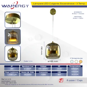 LAMPARA COLGANTE DECORATIVO CRISTAL DORADO TRES TEMPERATURAS + +PS