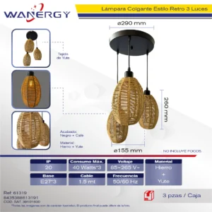 LAMPARA COLGANTE 3 LUCES DECORATIVO MODERNO TEJIDA SOGA + D300MM