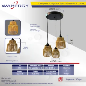 LAMPARA COLGANTE 3 LUCES DECORATIVO MODERNO TEJIDA SOGA +