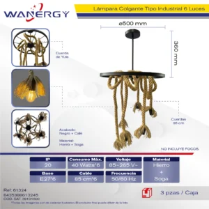 LAMPARA COLGANTE 6 LUCES DECORATIVO MODERNO TEJIDA SOGA 6 +