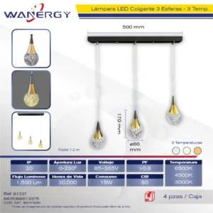 LAMPARA COLGANTE MODERNA 3 ESFERAS BLANCO TRES TEMPERATURAS METAL Y CRISTALL + +