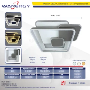 PLAFON LED TECHO MODERNO CUADRADO TRES TEMPERATURAS BLANCO +PVC+