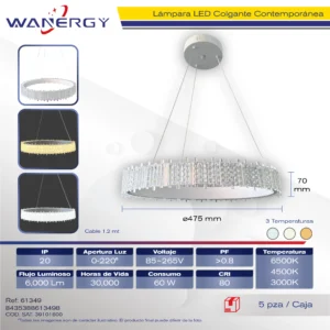 LAMPARA COLGANTE MODERNA DE TECHO 1 ARO LED TRES TEMPERATURAS BLANCO +PC