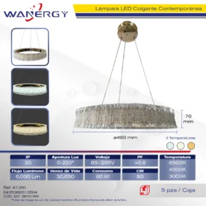 LAMPARA COLGANTE MODERNA DE TECHO 1 ARO LED TRES TEMPERATURAS DORADO +PC