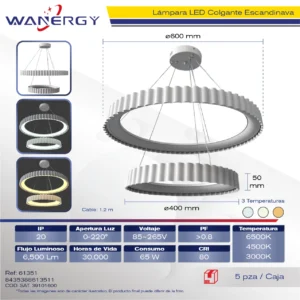 LAMPARA COLGANTE MODERNA DE TECHO 2 AROS LED TRES TEMPERATURAS BLANCO +PS