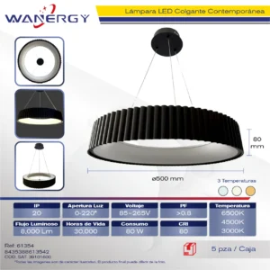 LAMPARA COLGANTE MODERNA DE TECHO 1 ARO LED TRES TEMPERATURAS NEGRO +PS