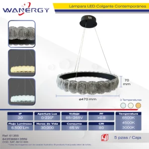 LAMPARA COLGANTE MODERNA DE TECHO 1 ARO LED TRES TEMPERATURAS NEGRO +PC