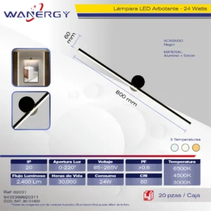 BARRA ARBOTANTE LED TRES TEMPERATURA NEGRO METALICO Y ACRILICO 80CM