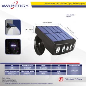 ARBOTANTE LED SOLAR TIPO TELESCOPIO NEGRO