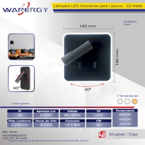 ARBOTANTE LED LECTURA CUADRADO METAL Y ACRILICO C/APAGADOR ESCALERA TRES TEMPERATURAS