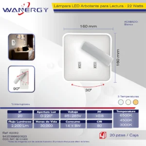 ARBONTANTE LED LECTURA CUADRADO METAL Y ACRILICO C/APAGADOR ESCALERA TRES TEMPERATURAS