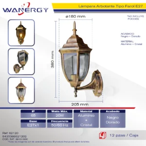 FAROL DE PARED NEGRURA DORADA E27
