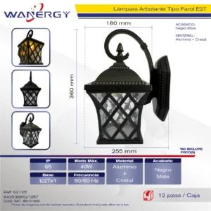 FAROL DE PARED ALUMINIO NEGRO MATE E27