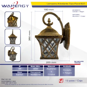 FAROL DE PARED ALUMINIO NEGRURA DORADA E27