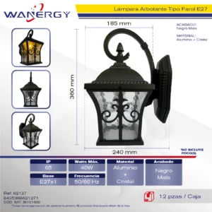 FAROL DE PARED ALUMINIO NEGRO MATE E27