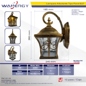FAROL DE PARED ALUMINIO NEGRURA DORADA E27