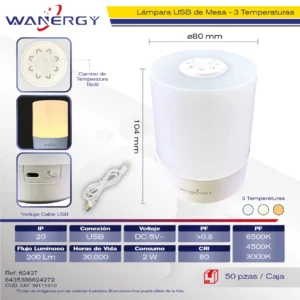 LAMPARA DE BURO LED TRES TEMPERATURAS C/CONEXION USB 2W USB
