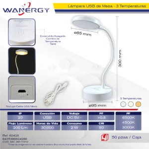 LAMPARA DE BURO LED TRES TEMPERATURAS C/CONEXION USB 2W USB