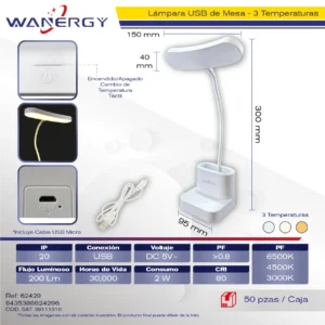 LAMPARA DE BURO FLEXIBLE Y PORTAPLUMAS LED TRES TEMPERATURAS C/CONEXION USB 2W USB
