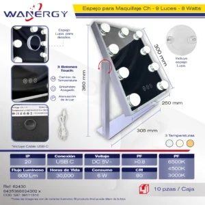 ESPEJO MAQUILLAJE CON 9 LUZ LED TRES TEMPERATURAS CON CABLE USB 9 + +