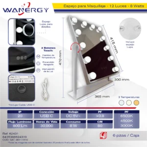 ESPEJO MAQUILLAJE CON 12 LUZ LED TRES TEMPERATURAS CON CABLE USB 12 + +