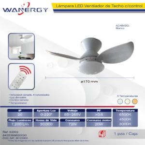 VENTILADOR TECHO 3 ASPAS LAMPARA MODERA 2 EN 1 LUZ 3 TEMPERATURAS 6 VELOCIDADES LUZ DIMEABLE C/TEMPORIZADOR C/CONTROL
