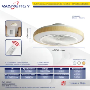 LAMPARA VENTILADOR DE TECHO 3 HOJAS ARO MADERA 3 TEMPERATUTAS 6 VELOCIDADES LUZ DIMEABLE C/TEMPORIZADOR C/CONTROL