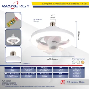 LAMPARA LED VENTILADOR OSCILATORIO LUZ DIMEABLE TRES TEMPERATURAS TRES VELOCIDADES