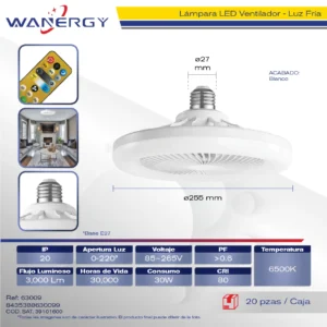 LAMPARA LED VENTILADOR LUZ FRIA ARCO BLANCO